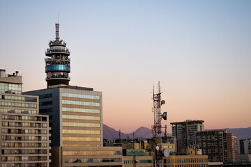 Fototapeta premium Entel Tower with sunset reflection and clear sky 