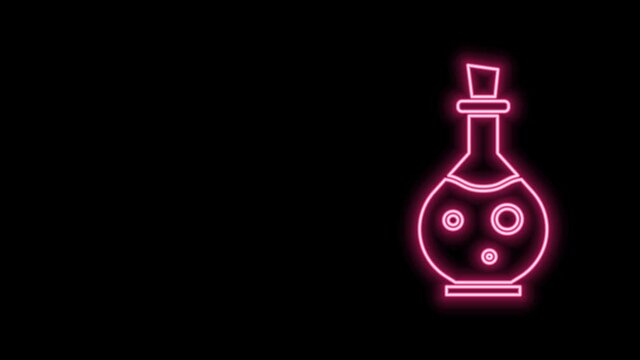 Glowing neon line Glass bottle with magic elixir icon isolated on black background. Computer game asset. 4K Video motion graphic animation