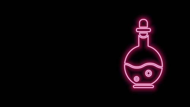 Glowing neon line Glass bottle with magic elixir icon isolated on black background. Computer game asset. 4K Video motion graphic animation