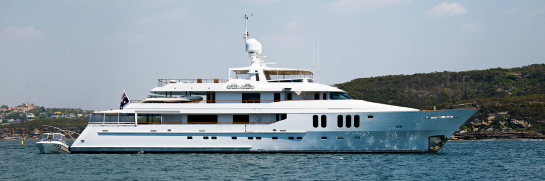 Super luxury 45mtr motor yacht closeup moored in Sydney Harbour, Australia
