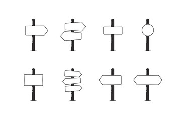 Set of 8 empty road sign post arrows indicating pointing towards directions. Isolated Vector illustration icon graphics to add text with your concepts