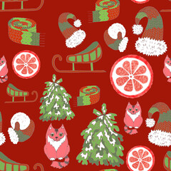 christmas new year's seamless pattern on a red background, graphic color pattern