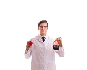 Doctor in blood donation concept isolated on white