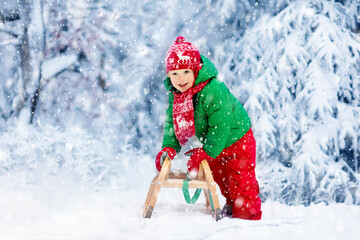 Fototapeta na wymiar Boy on sleigh ride. Child sledding. Kid with sledge