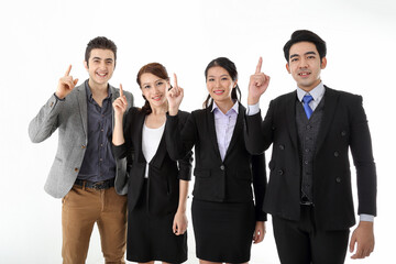Southeast Asian middle eastern Caucasian young office business man woman wearing suit stand pint finger up idea thinking wonder confident happy success expression on white studio background
