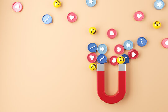 Social media marketing concept. Attracting (emoji, like, love, star, comment icon) with a huge magnet, 3d render. copy space.