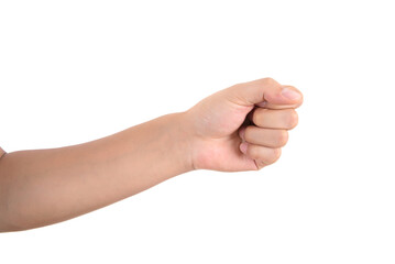 Make a fist gesture with a loose hand in front of a white background
