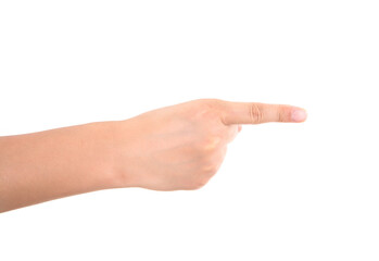 In front of white background, a hand stretches out index finger to make one gesture