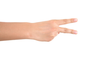 In front of a white background, a hand stretches out a finger to make a two gesture