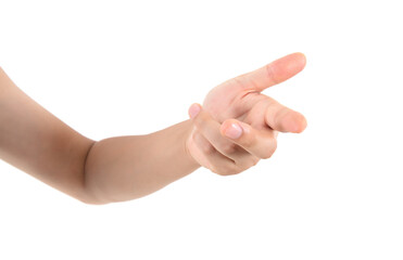 In front of a white background, a hand stretches out a finger to make a click gesture