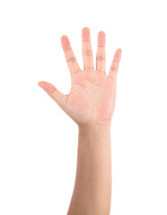 A hand with five fingers spread out and facing the camera in front of a white background