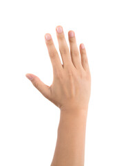 In front of a white background, a hand with five fingers stretched out towards the camera