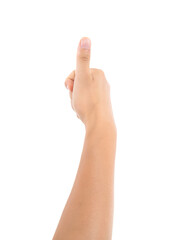 Thumbs up with a hand outstretched in front of white background