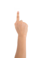 A hand in front of a white background makes a gesture of clicking a button