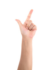 A hand in front of a white background makes a gesture of clicking a button