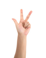 Three fingers raised in one hand in front of white background