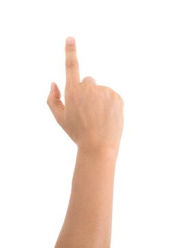 A hand in front of a white background makes a gesture of clicking a button
