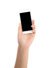 A hand holding a mobile phone in front of white background