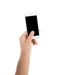 A hand holding a mobile phone in front of white background