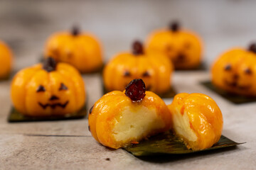 Steamed halloween cake or kueh in pumpkin shape