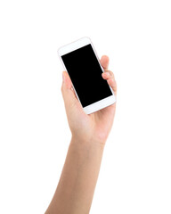 Fototapeta na wymiar A hand holding a mobile phone on white background