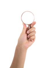 Hand holding a magnifying glass on white background