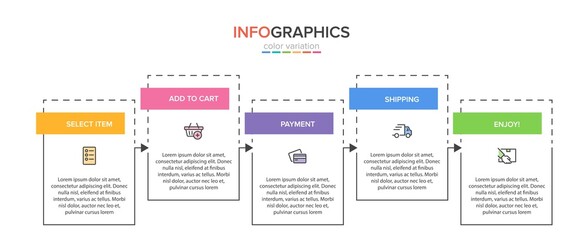 Concept of shopping process with 5 successive steps. Five colorful graphic elements. Timeline design for brochure, presentation, web site. Infographic design layout.