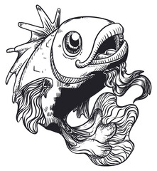 Drawing of Ancient Bearded Fish like Cute Marine Monster, Vector Illustration