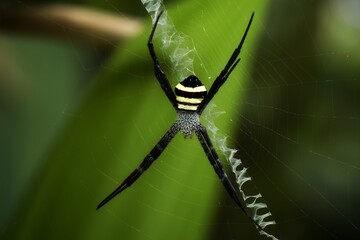 Black spiders have yellow stripes, black girds and black and white stripes on their heads. Small spiders with natural colors, copy areas, spiders and cobwebs.