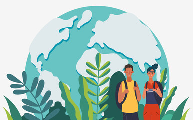 Young, smiling people with backpacks. Holiday vacation travel and adventure concept, vector illustration. Summer landscape background. Poster design style