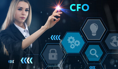 Business, technology, internet and network concept. Young businessman thinks over the steps for successful growth: CFO