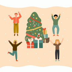 Happy friends celebrating birthday with each other. Presents boxes. People giving gift in the party. Vector illustration in flat cartoon design. Holiday, Christmas, happy new year, festive event. 