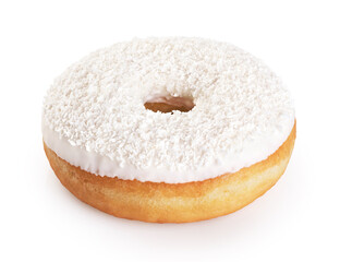 Donut glazed with white chocolate and coconut flakes isolated white background.