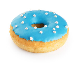 Donut with blue glaze and white balls isolated on white background.