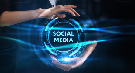 Business, technology, internet and network concept. Young businessman thinks over the steps for successful growth: Social media