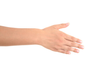 The hand with five fingers spread out the back of the hand facing the camera in front of a white background