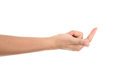 A hand making a seduce gesture in front of a white background