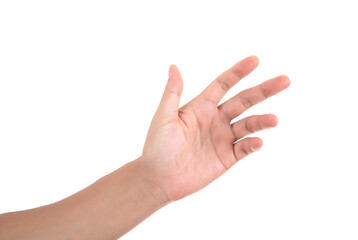 Gesture with palm up fingers naturally spread out in front of white background