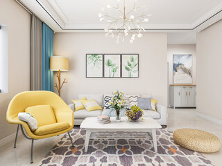 There are sofa, table and other facilities in the bright and tidy living room