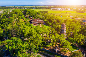 Aerial view of The Thien Mu Pagoda. It is one of the ancient pagoda in Hue city. It is located on the banks of the Perfume River in Vietnam's historic city of Hue.