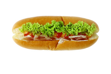 Top view  Hot dog with lettuce  bacon and ketchup on white background isolated. Sausage & bun