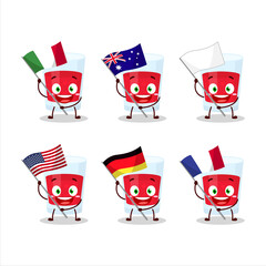 Cranberry juice cartoon character bring the flags of various countries