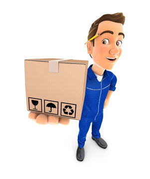 3d mechanic standing and holding package