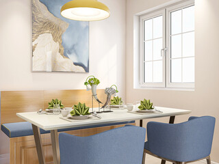 Clean and tidy dining room has wooden table and chair, very neat and clean