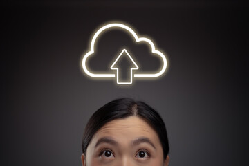 Happy Asian woman and cloud icon hologram effect.