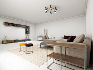 There are sofa, table and other facilities in the bright and tidy living room