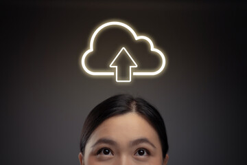 Happy Asian woman and cloud icon hologram effect.