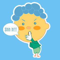 emoji with chibi character shushing Shhh to politely tell people to shut up and be quiet to keep silence, man using finger on mouth gesture to stop ppl talking, simple vector emoticon