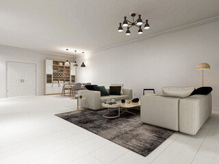 There are sofa, table and other facilities in the bright and tidy living room