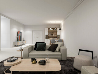 There are sofa, table and other facilities in the bright and tidy living room